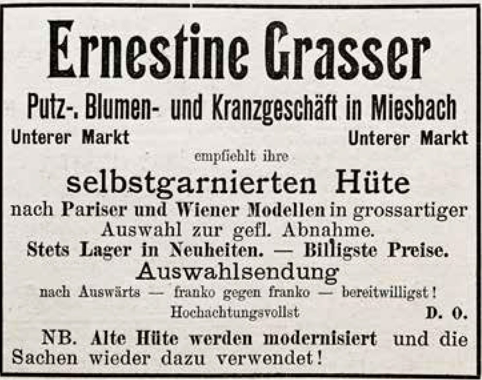 Annonce der Ernestine Grasser im Miesbacher Anzeiger, 1903