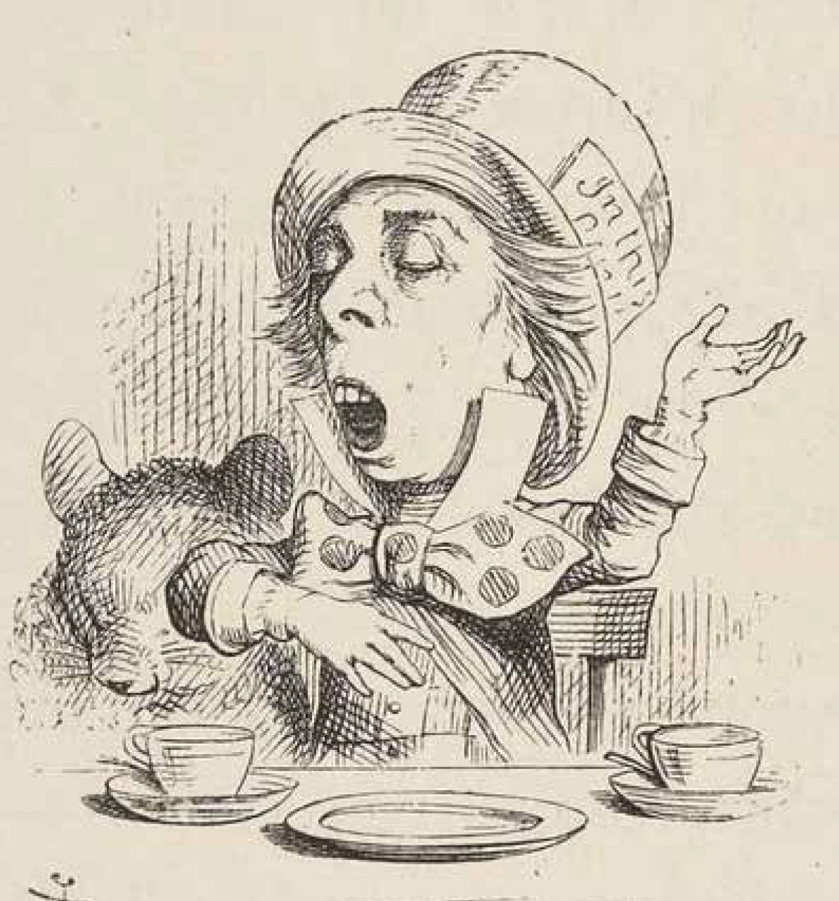 Der verrückte Hutmacher (Illustration von John Tenniel, 1865)