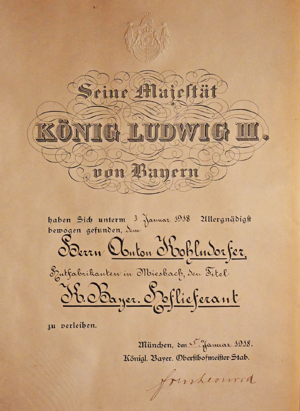 Urkunde zur Ernennung zum Hoflieferanten, 1918