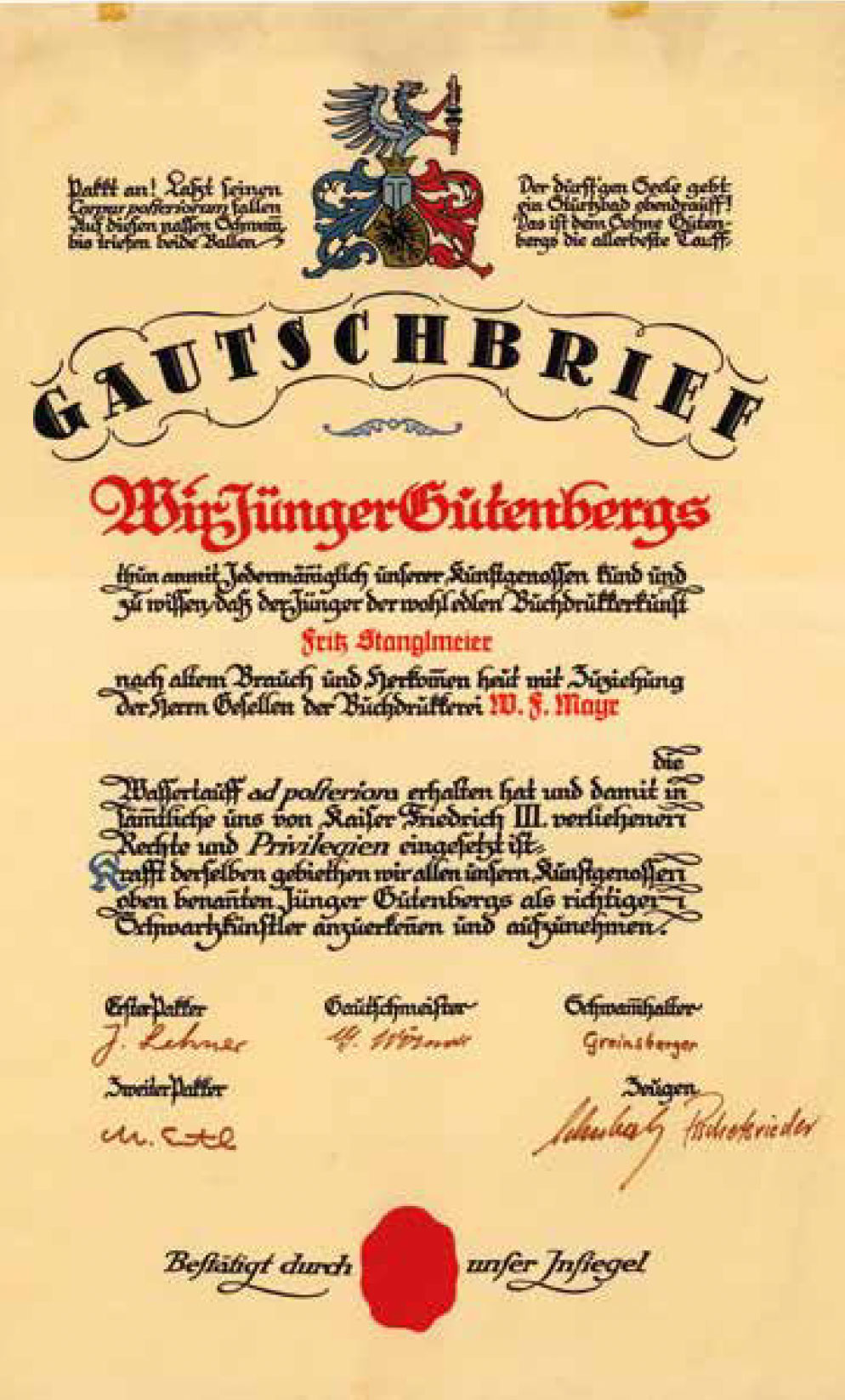 Der Gautschbrief – eine kalligraphisch schön gestaltete Urkunde für Lehrlinge