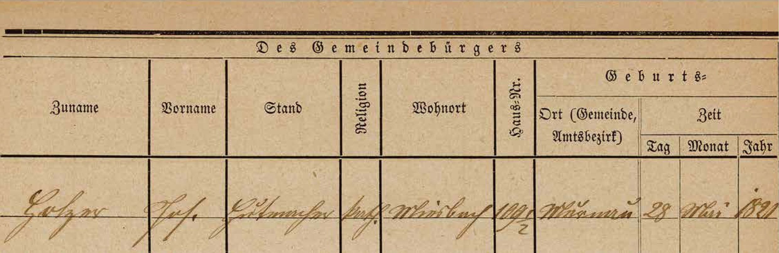 Eintrag Joseph Holzers im Miesbacher Melderegister, um 1875